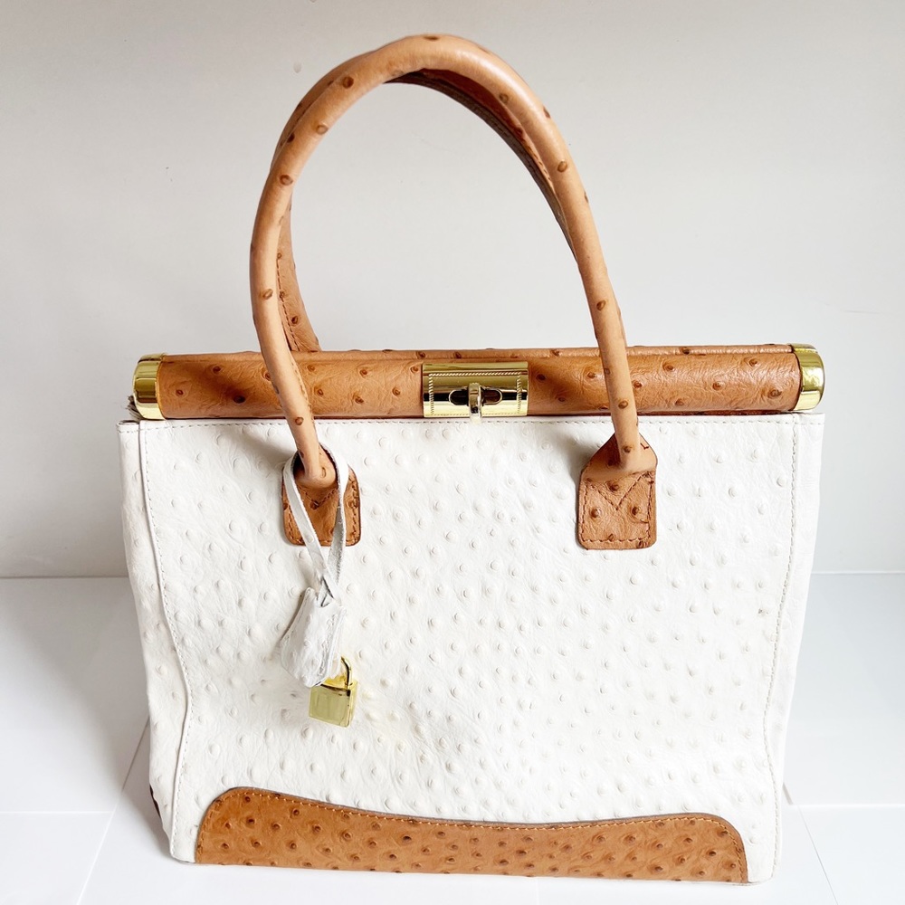 Elegant White and Tan Leather Handbag